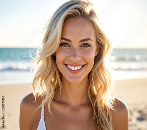 Sun-kissed portrait of a beautiful blonde woman smiling broadly on a tropical sunny beach.