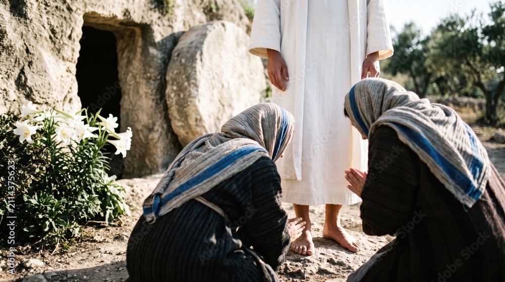 Obraz premium Jesus appearing to woman followers at empty tomb. Biblical scene of resurrection greeting near stone grave for Easter celebration. Religious faith concept with ancient clothing style.