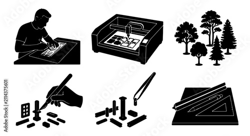 Obraz na plátně Crafting and Design Icons: Laser Engraver, Drafting Tools, Silhouette Trees, Hob