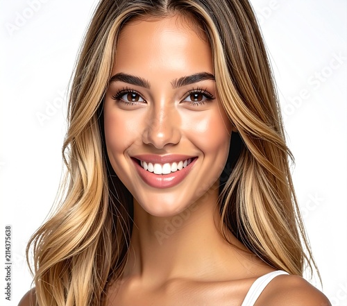 Portrait of a radiant blonde woman with wavy hair and a gorgeous bright smile.