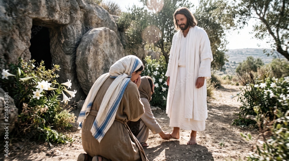 Obraz premium Jesus standing before two woman by the empty tomb. Mary Magdalene kneeling at the feet of the resurrected Christ. Biblical scene of Easter morning resurrection. Faith and hope christianity.
