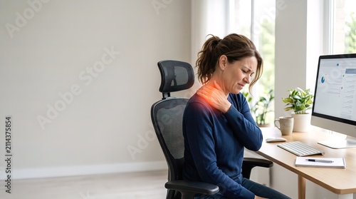 Woman Experiencing Neck and Shoulder Pain While Working at Computer in Office