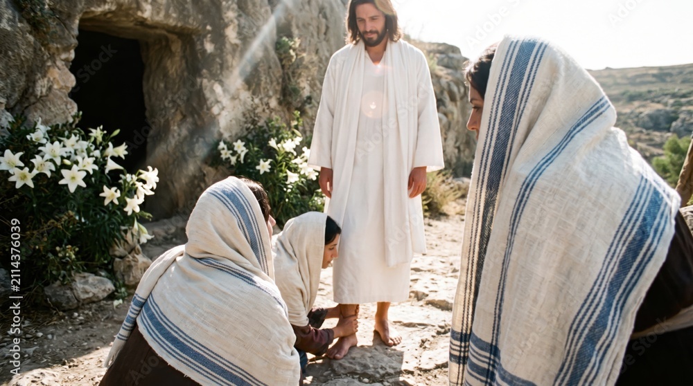 Obraz premium Jesus appearing to woman followers at the empty tomb on Easter morning. The risen Christ meets Mary Magdalene and a woman at the grave. Biblical scene of resurrection and faith.