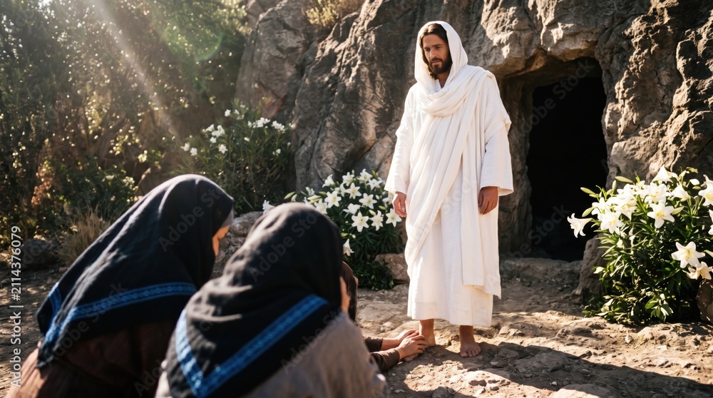 Obraz premium Jesus appearing to women following resurrection from the tomb. Biblical scene of faithful woman touching feet of the Savior. Easter celebration. Religious concept of miracle and faith.