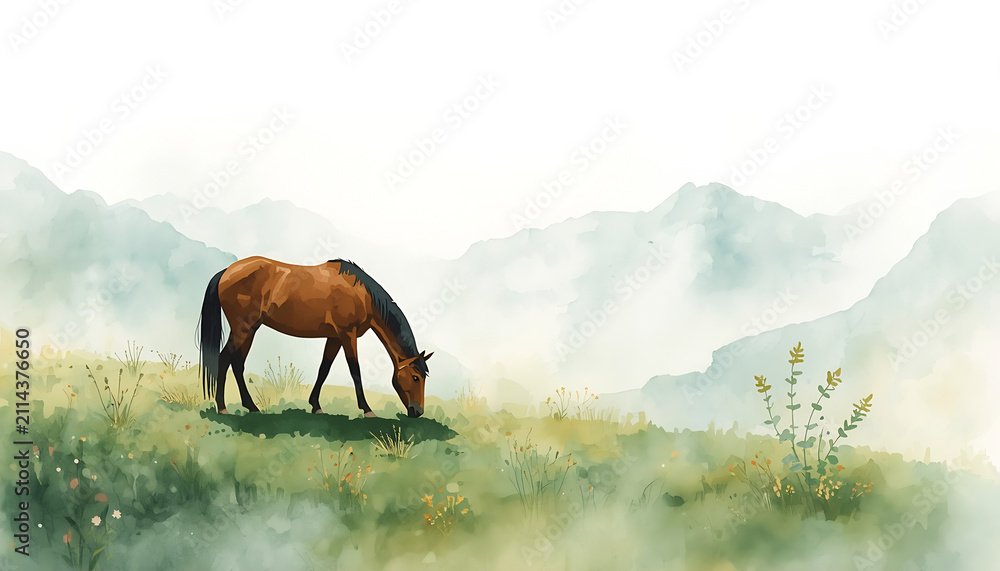 Obraz premium Illustration of a horse eating grass in a valley.