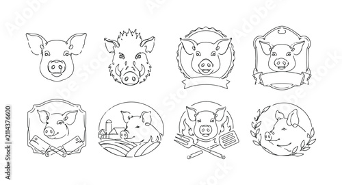 Pork Head Label, one-line drawing set, create 8 minimal continuous single-line icons in a 4x2 layout showing pig head, boar face, pork label, meat shop badge, butcher frame, farm product sticker, BBQ