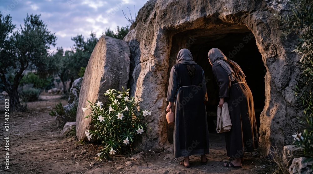 Obraz premium Two women visiting empty stone tomb at dawn. Mary Magdalene and her companion discovering resurrection of Jesus. Biblical scene in holy garden for Easter faith and worship.