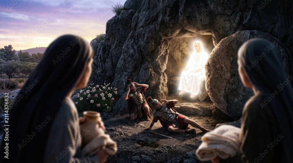 Obraz premium Woman and other woman visiting empty tomb of Jesus Christ. Angel sitting on stone at entrance. Roman soldier guarding cave during resurrection. Biblical story from Gospel of Matthew.