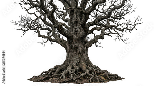 Large old twisted oak tree with bare branches isolated on transparent background
