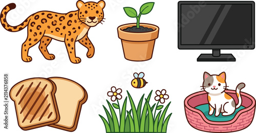 Canvas-taulu Cute cartoon objects and animals vector set featuring miscellaneous everyday elements isolated on white background