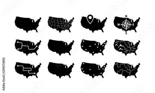 Collection of stylized United States maps with various icons and designs