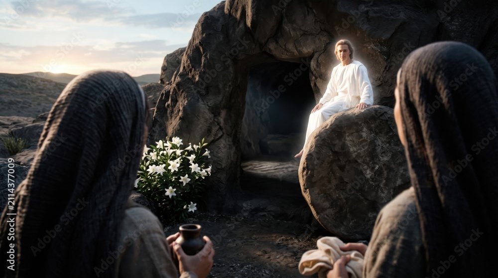 Obraz premium Angel sitting on a stone at the entrance of the empty tomb and meeting women followers. Biblical resurrection scene of Jesus Christ. Religious illustration for Easter holiday celebration.