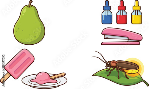 Картината върху платно Cute cartoon objects vector icon set featuring miscellaneous everyday food and stationery elements isolated on white background