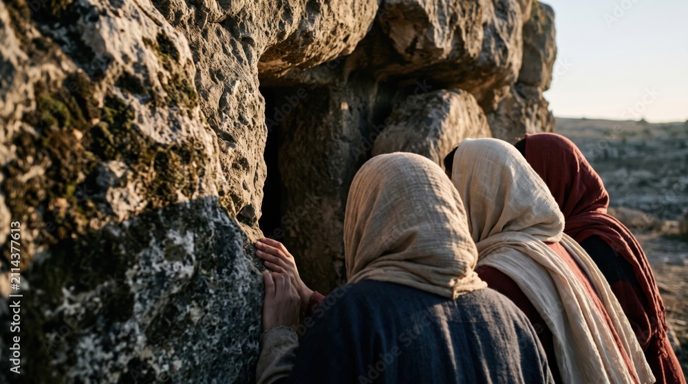 Obraz premium Women visiting the empty tomb of Jesus Christ on Easter morning in biblical clothing. Mary Magdalene and women disciples discovering the resurrection scene at burial cave entrance.