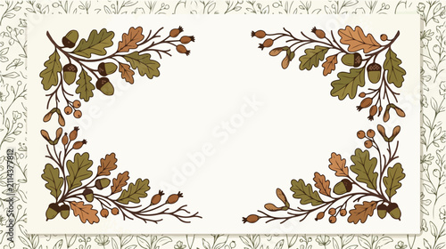 Oak branches with acorns and autumn leaves form an elegant frame surrounding an empty center area suitable for seasonal messages.