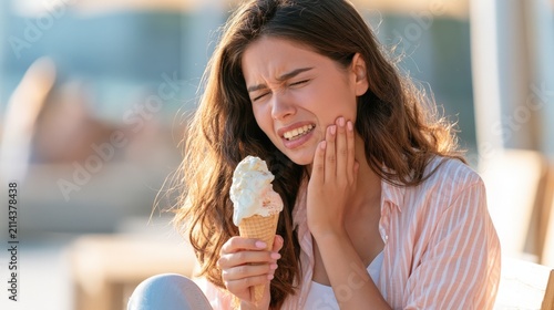 Woman holds ice cream, grimaces in pain