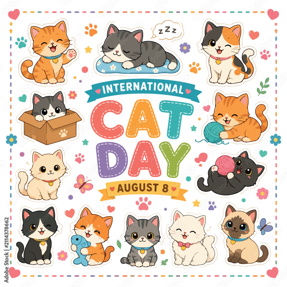 Fototapeta premium Charming cartoon cats celebrate international cat day with playful designs and cute expressions