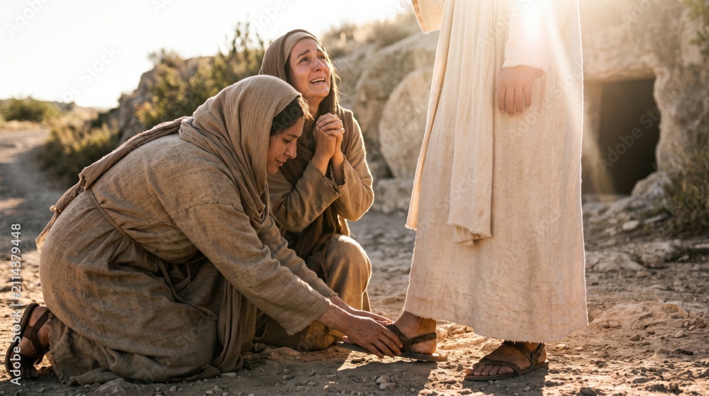 Obraz premium Mary Magdalene and another woman worshiping Jesus after resurrection near the empty tomb. Biblical narrative of the risen savior in Galilee. Christian religious scene of miracle.
