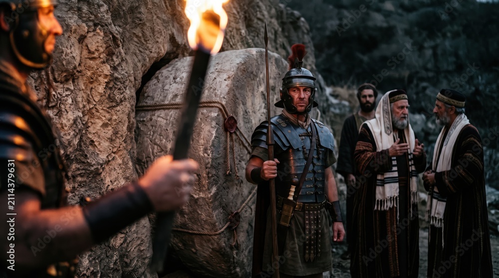 Obraz premium Roman soldier guarding the stone entrance of the tomb of Jesus. Biblical scene of the crucifixion and resurrection. Ancient historical reenactment of Jerusalem for Easter holiday.