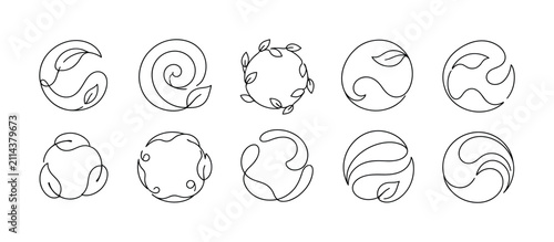 Organic Swirl Nature one-line drawing set, 10 minimal continuous single-line icons showing eco swirl circle, organic spiral, nature frame, green concept ring, bio motion shape, ecology loop,