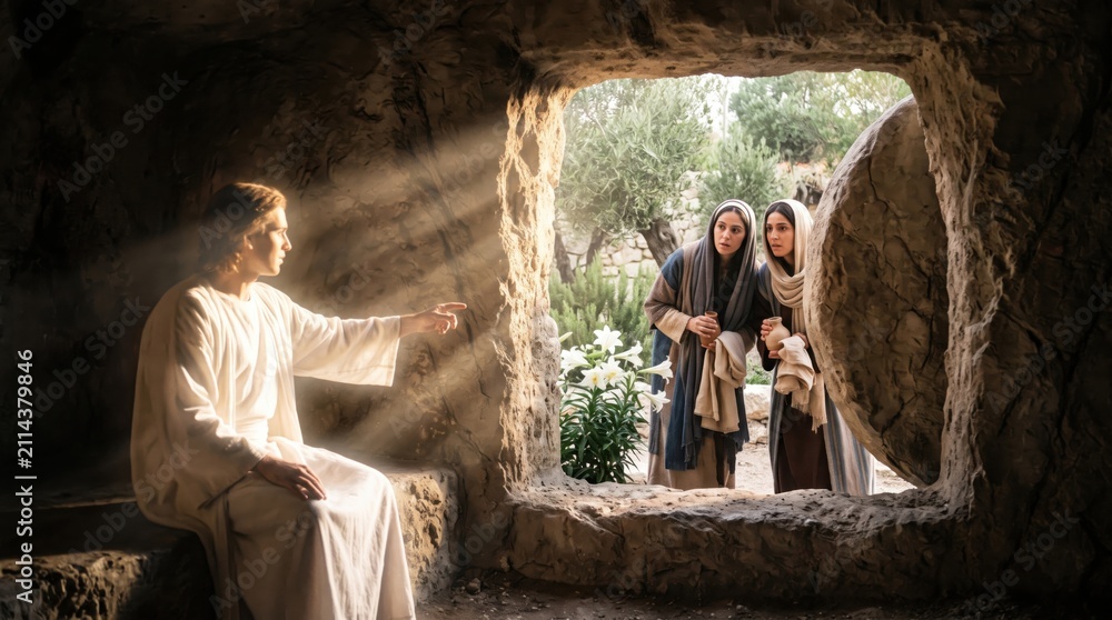 Obraz premium Jesus Christ appearing to women at the empty tomb on Easter morning. The angel sitting by the rolled back stone inside the cave. Biblical scene of resurrection and miracle of faith.