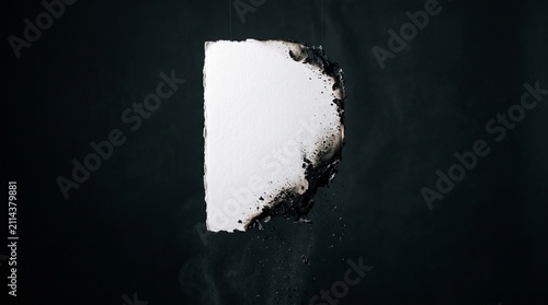 A blank white paper hangs vertically in darkness while its right edge burns and crumbles into falling ash, ephemeral message, fading hope, destroyed document.
