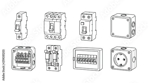 Circuit Breaker Types, line icon set with 8 clean outline technical icons featuring miniature circuit breaker, molded case breaker, residual current device, junction box, terminal box, fuse switch,