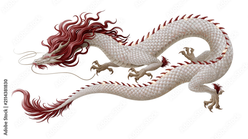 Fototapeta premium White Chinese Dragon With Red Mane and Spines