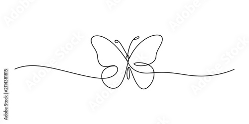 Minimalist butterfly continuous line drawing, elegant one line butterfly vector art, simple black ink insect outline for tattoo and logo design