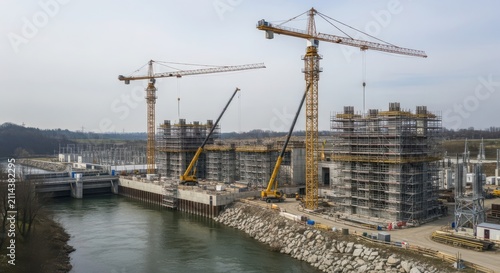 Massive yellow construction cranes and sprawling industrial buildings at a hydroelectric dam site by the water