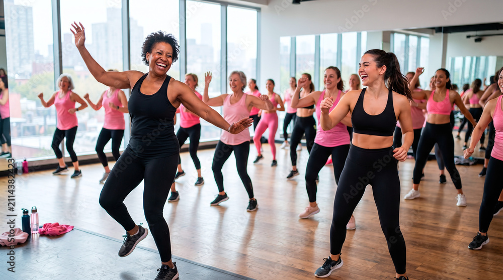 Fototapeta premium Diverse group of women enjoying a lively dance fitness class together