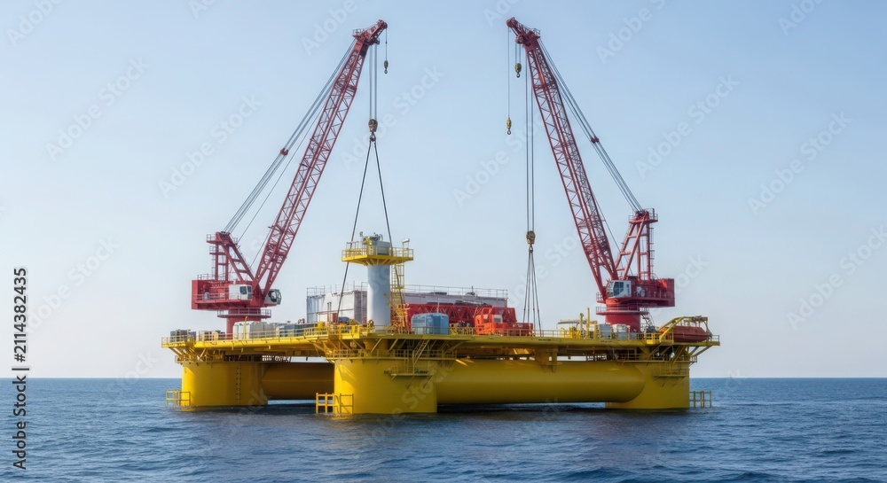 Fototapeta premium Offshore construction platform with two massive red cranes assembling industrial equipment at sea.