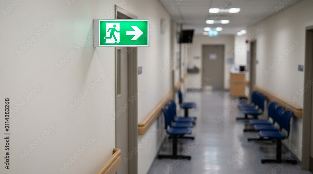 Fototapeta premium Green exit sign with arrow hanging in a quiet hospital hallway with blue chairs