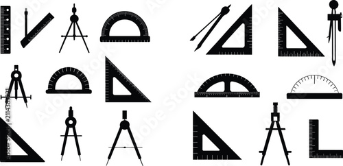 Foto Black silhouette icons of drafting and geometry tools including compasses, ruler