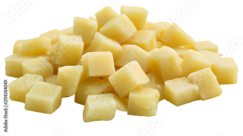 Фотография Diced raw potatoes cubed yellow flesh, starchy vegetable