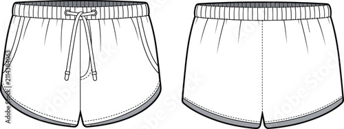 Foto cad drawing of casual shorts, flat vector illustration, drawstring waistband, el