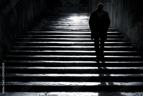 A silhouette ascends dark, ancient stone stairs towards a bright light, symbolizing a challenging journey, hope, and the unknown future.