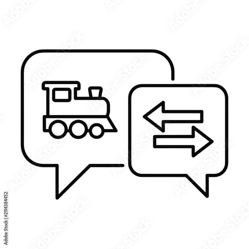 Steam locomotive train and bidirectional arrows inside speech bubbles vector icon isolated on transparent background