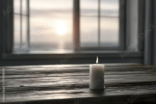 A lit white candle on a rustic wooden table, with a blurred window showing a bright sunset or sunrise in the background. Creates a peaceful, warm atmosphere.