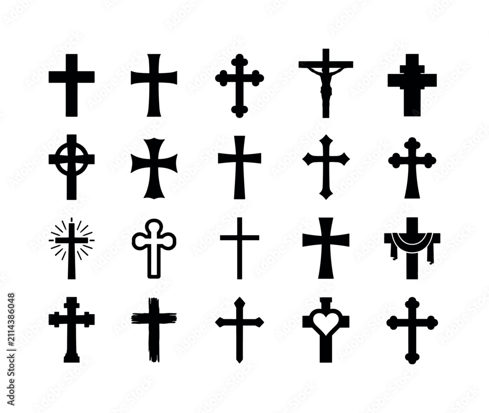 Fototapeta premium Christian Cross Symbols, solid glyph icon set, create 20 fully filled black glyph icons in a 5x4 layout showing simple cross, Christian cross, Catholic cross, crucifix silhouette, church faith symbol,