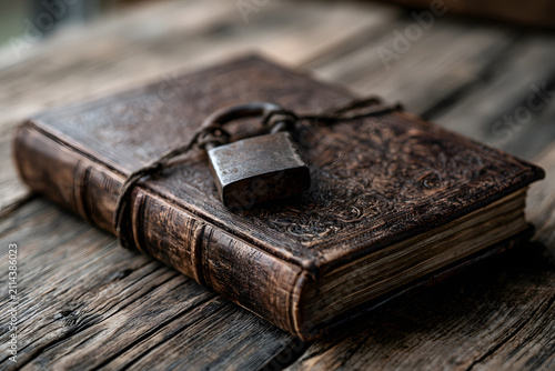 A mysterious, ancient-looking leather book, intricately embossed and sealed with a rusty padlock and cord, lies on a weathered wooden surface.