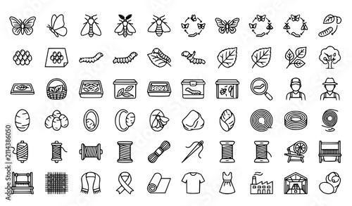 Foto Sericulture and Silk Production Icon Set Featuring Silkworms Moths Cocoons Threa