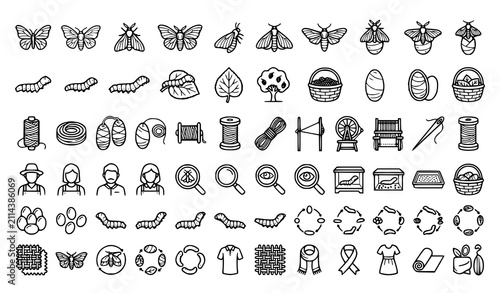 Quadro su tela Sericulture and Silk Production Icon Set Featuring Silkworms Butterflies Cocoons