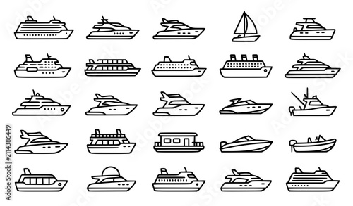 Fotografie Cruise Ship and Luxury Yacht Line Art Icon Set Featuring Passenger Liners Motorb