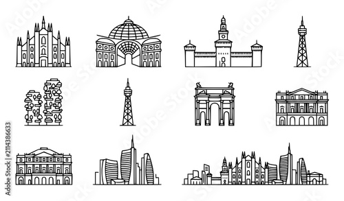 Obraz na plátně Milan Landmark and Skyline Icon Set Featuring Duomo Sforza Castle Galleria Vitto