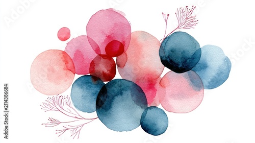 Abstract watercolor circles in pink and teal with delicate stems on transparent background