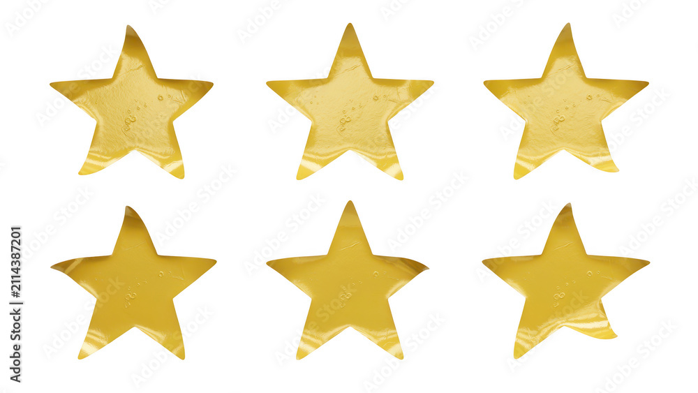 Fototapeta premium Shiny gold star symbols, metallic yellow rating elements, glossy award icons for success and achievement isolated on Transparent Background