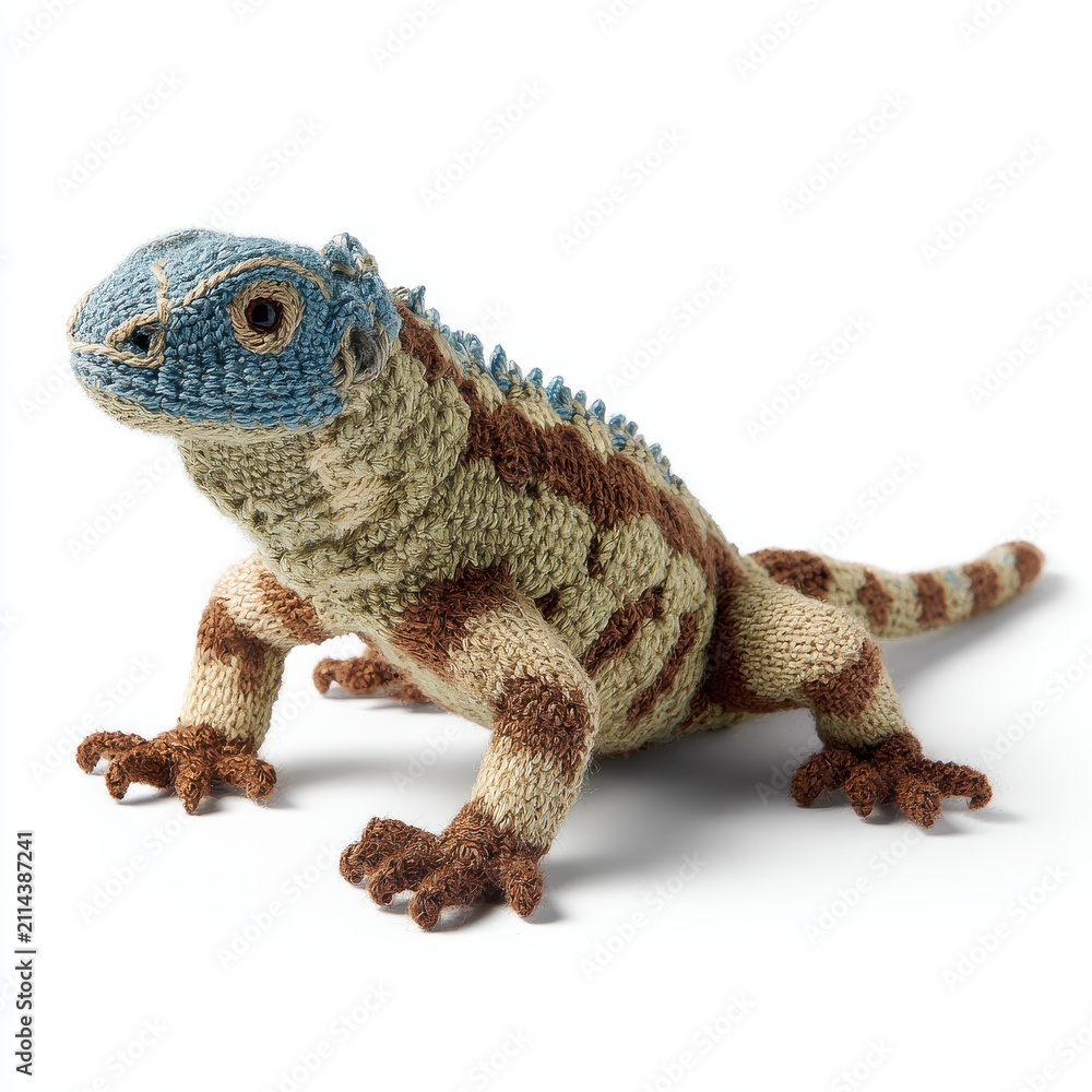 Fototapeta premium Detailed Crochet Iguana Figurine With Blue Head And Brown Patterned Body Isolated On White Background