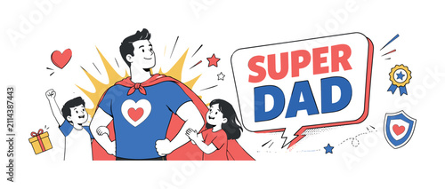 Super Dad Hero clean editorial banner scene, 3 geometric characters max celebrating father figure with oversized comic speech bubble, superhero cape, family heart and power burst, small supporting