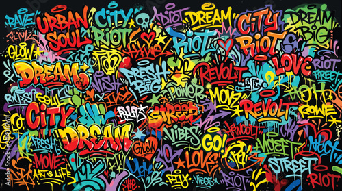 Принти на полотні Graffiti wall art background with colorful urban street tags, vibrant spray pain
